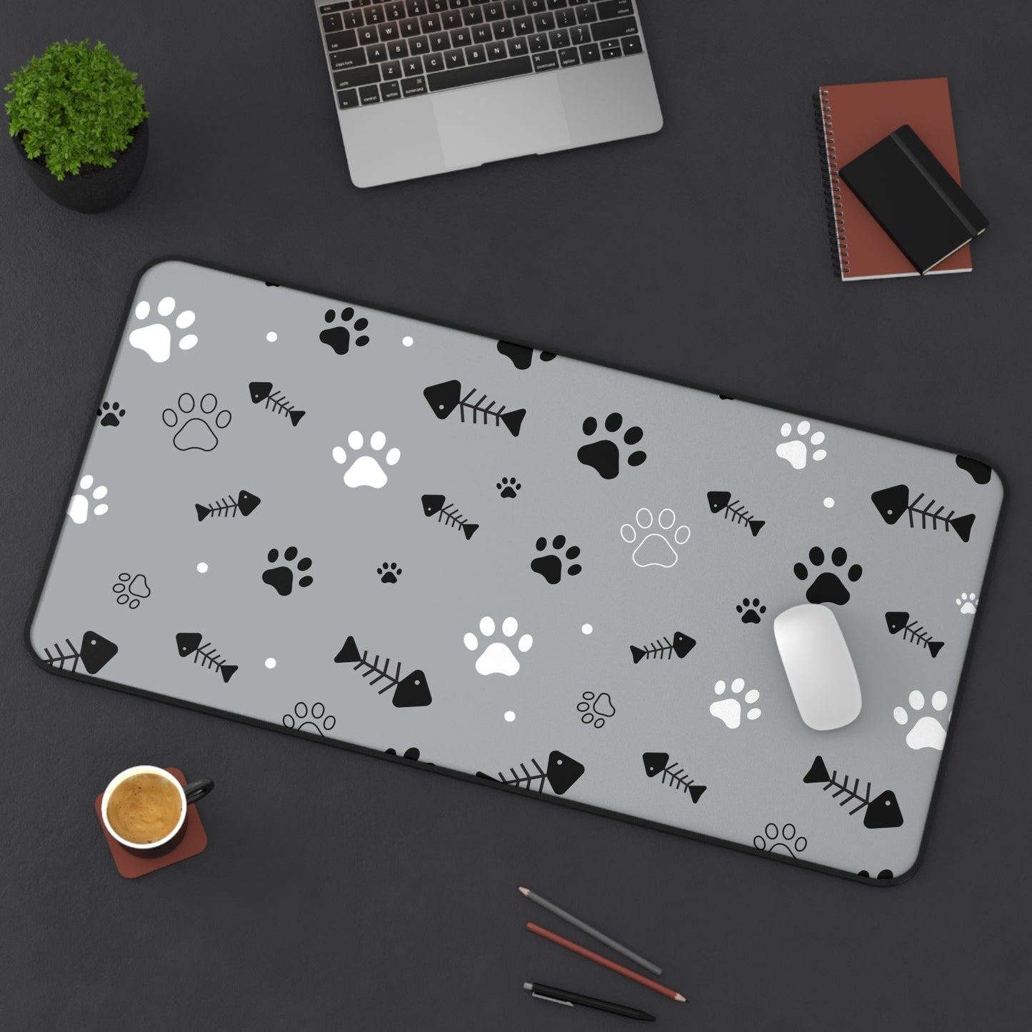 Gray Paw Print Desk Mat — Cute Cat Paw & Fishbone Mousepad for Pet Lovers