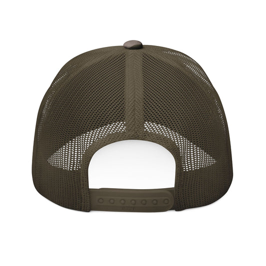 Camouflage Trucker Hat — "Flip Tables Pray Repeat" Embroidered Cap