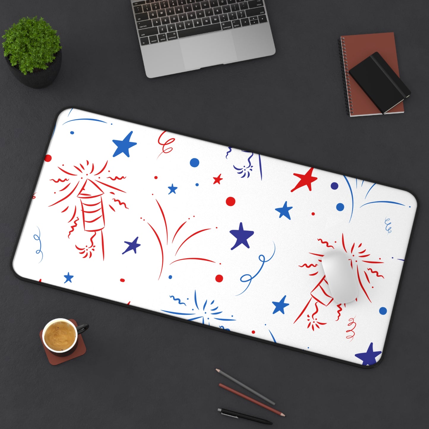 Patriotic Fireworks Desk Mat — Red White Blue Celebration Mouse Pad