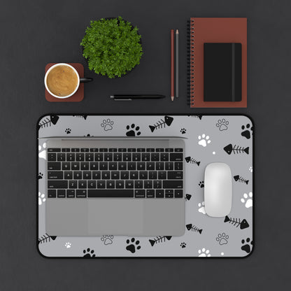 Gray Paw Print Desk Mat — Cute Cat Paw & Fishbone Mousepad for Pet Lovers