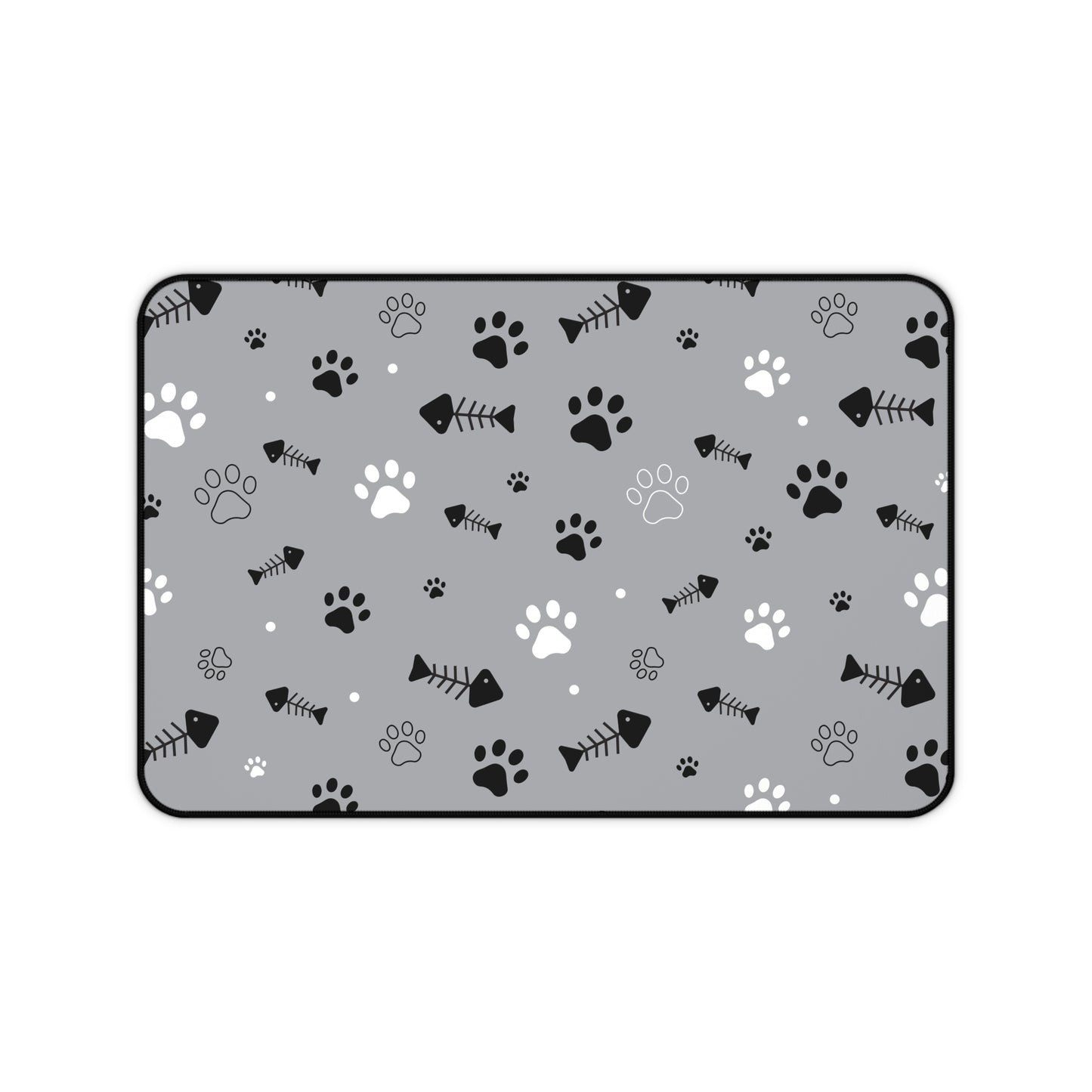 Gray Paw Print Desk Mat — Cute Cat Paw & Fishbone Mousepad for Pet Lovers