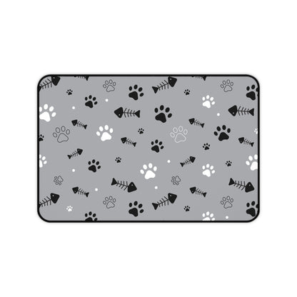 Gray Paw Print Desk Mat — Cute Cat Paw & Fishbone Mousepad for Pet Lovers