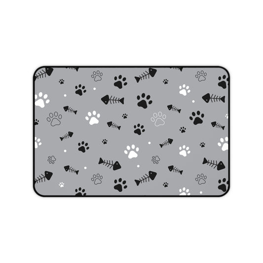 Gray Paw Print Desk Mat — Cute Cat Paw & Fishbone Mousepad for Pet Lovers