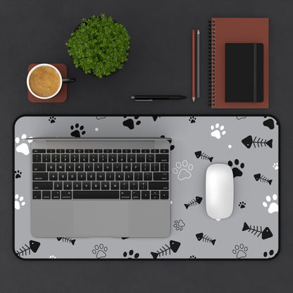Gray Paw Print Desk Mat — Cute Cat Paw & Fishbone Mousepad for Pet Lovers