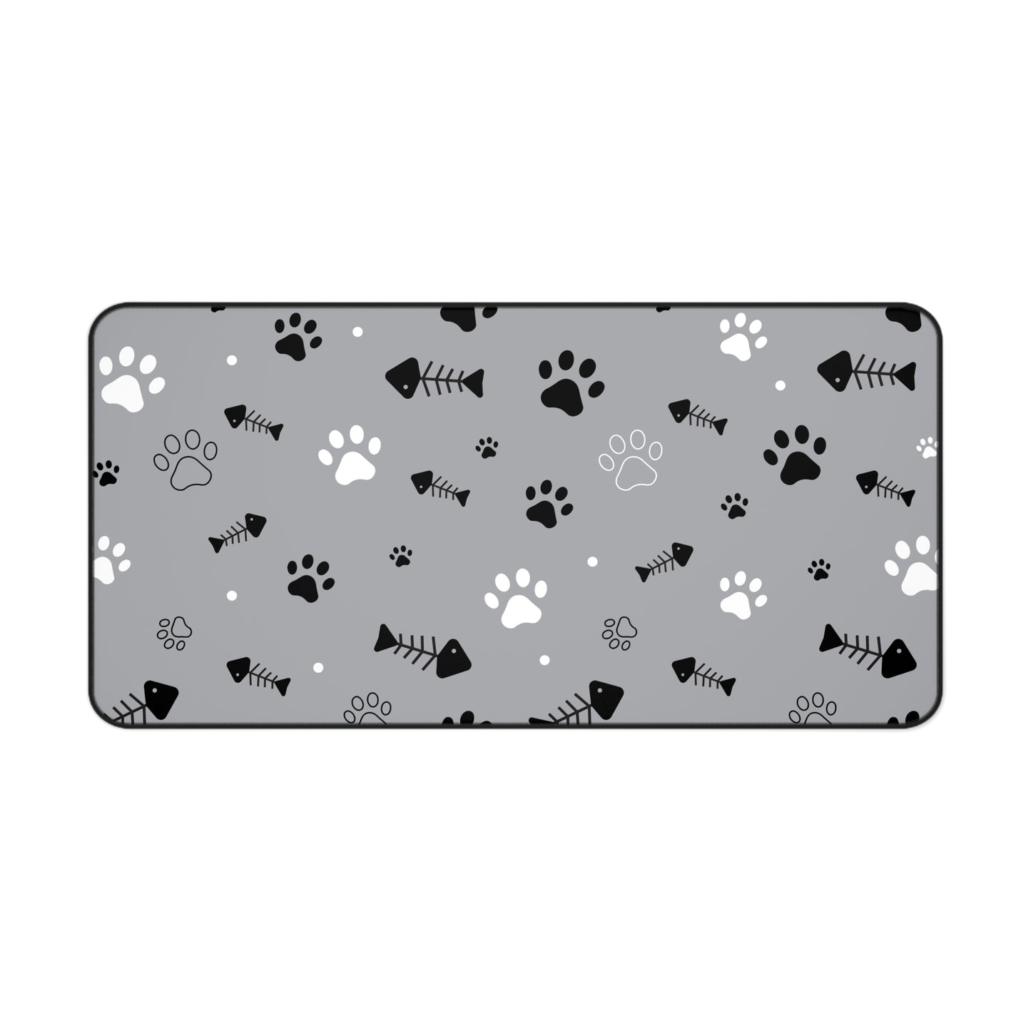 Gray Paw Print Desk Mat — Cute Cat Paw & Fishbone Mousepad for Pet Lovers
