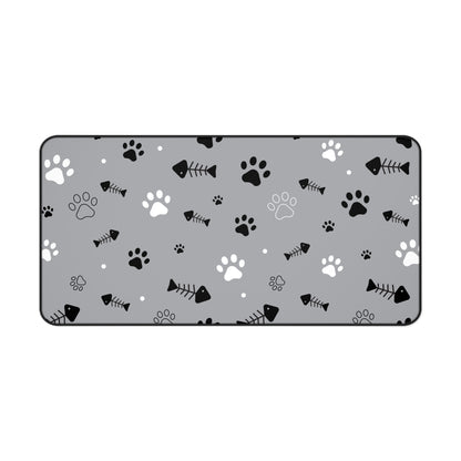 Gray Paw Print Desk Mat — Cute Cat Paw & Fishbone Mousepad for Pet Lovers