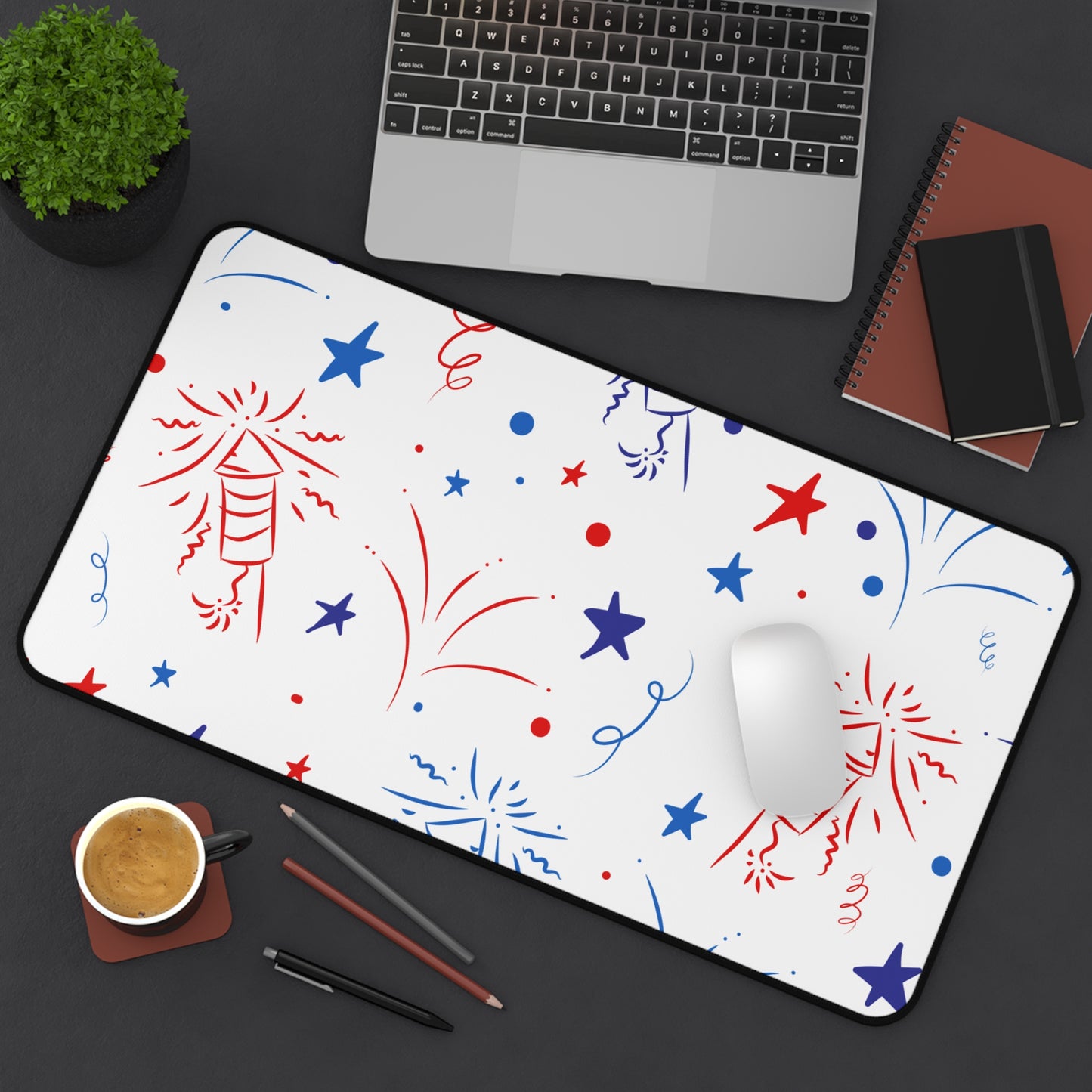 Patriotic Fireworks Desk Mat — Red White Blue Celebration Mouse Pad