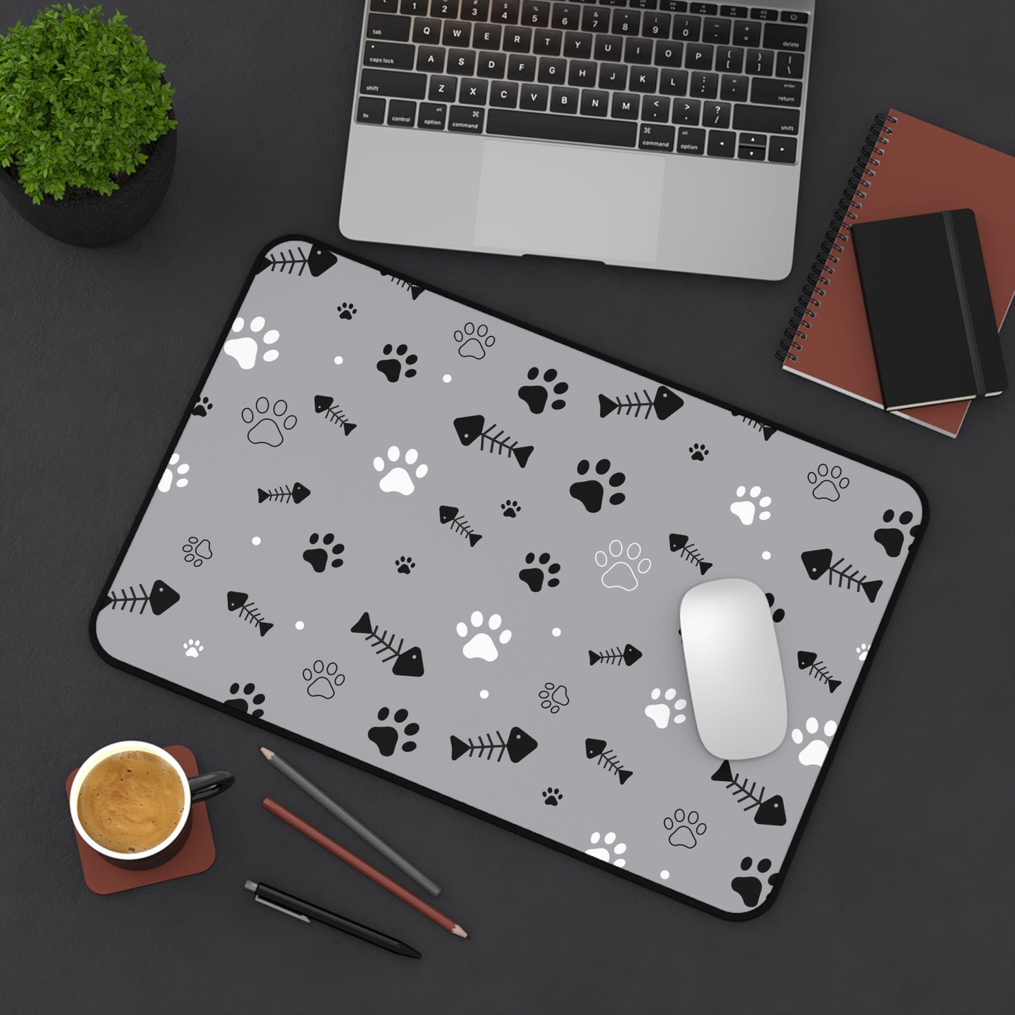 Gray Paw Print Desk Mat — Cute Cat Paw & Fishbone Mousepad for Pet Lovers