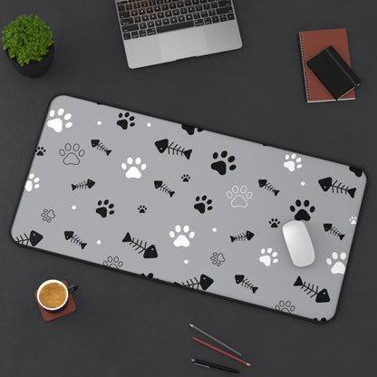 Gray Paw Print Desk Mat — Cute Cat Paw & Fishbone Mousepad for Pet Lovers