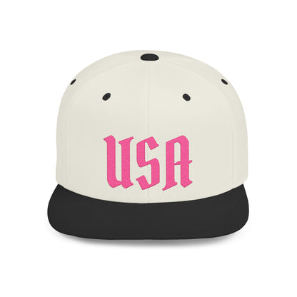 Snapback Hat — Bold Pink "USA" Embroidered Flat Bill Cap