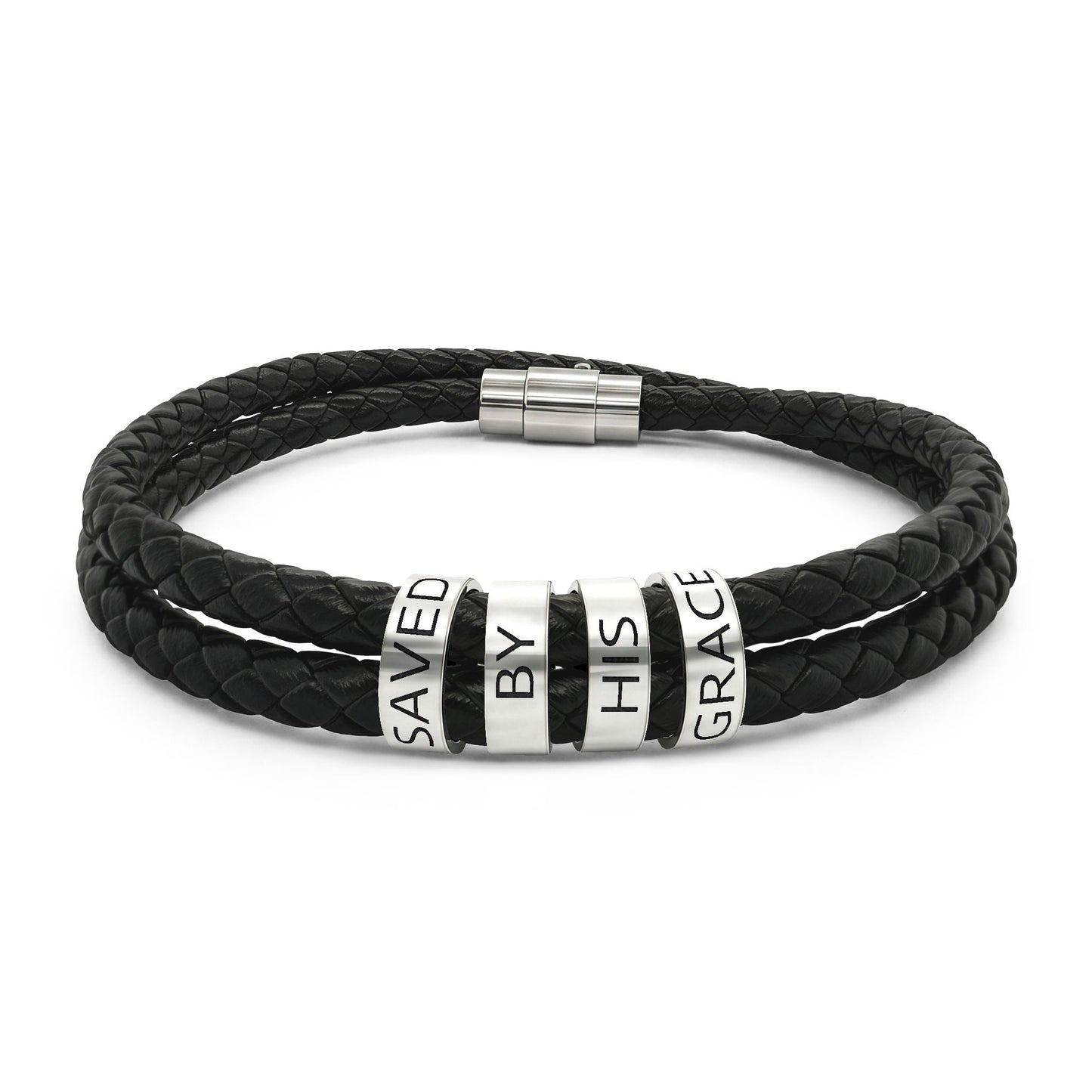 Saved By His Grace - Engraved Leather Beaded Bracelet — Personalized Men’s Double Wrap Bracelet