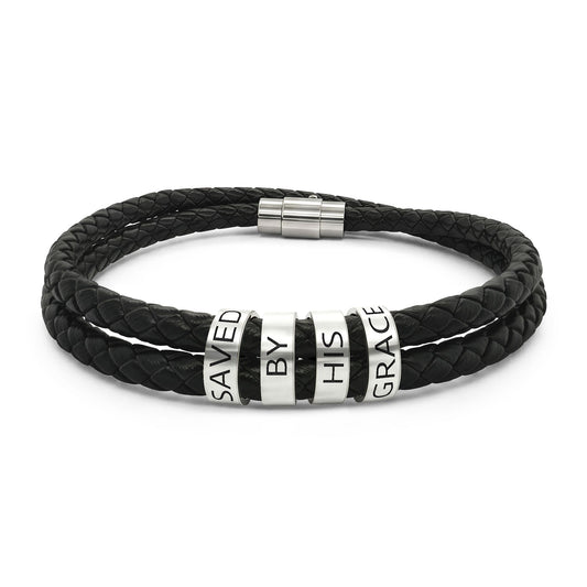 Saved By His Grace - Engraved Leather Beaded Bracelet — Personalized Men’s Double Wrap Bracelet