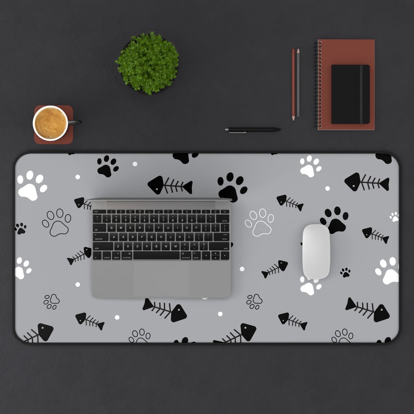 Gray Paw Print Desk Mat — Cute Cat Paw & Fishbone Mousepad for Pet Lovers