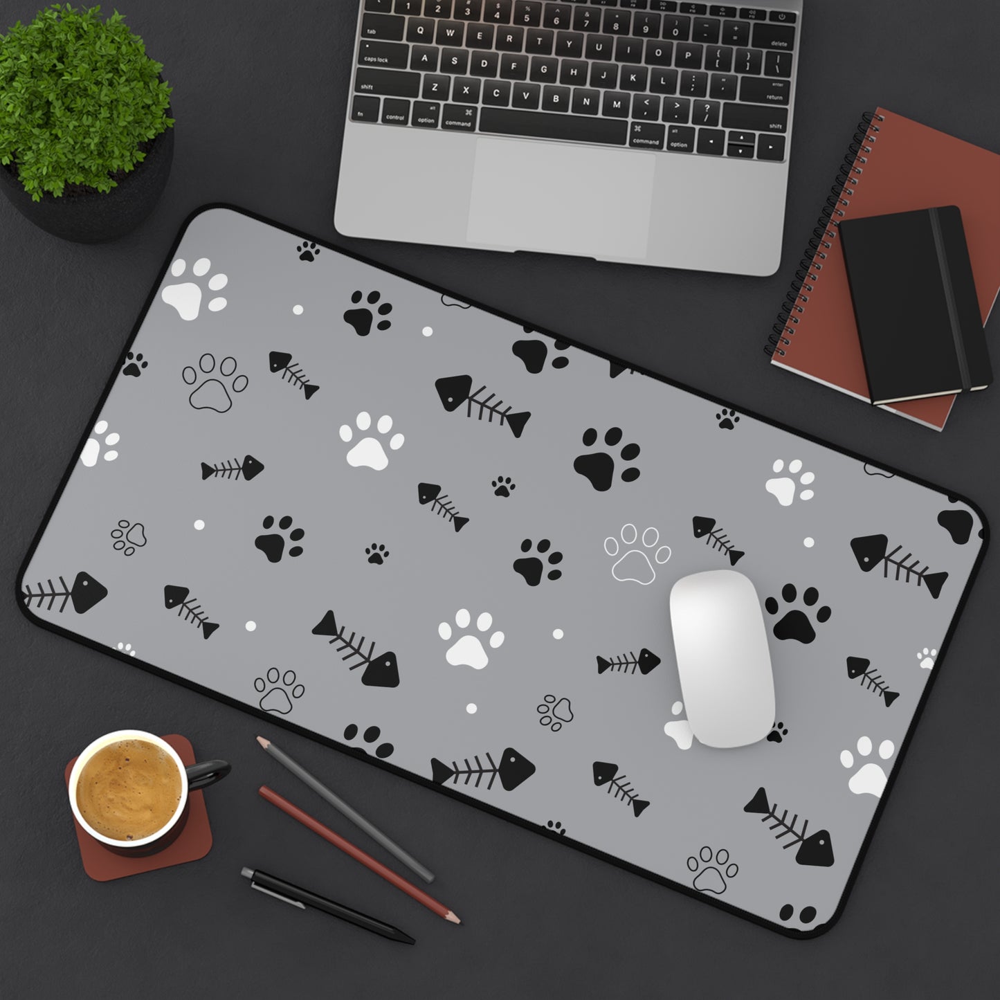 Gray Paw Print Desk Mat — Cute Cat Paw & Fishbone Mousepad for Pet Lovers