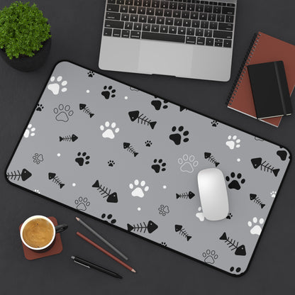 Gray Paw Print Desk Mat — Cute Cat Paw & Fishbone Mousepad for Pet Lovers