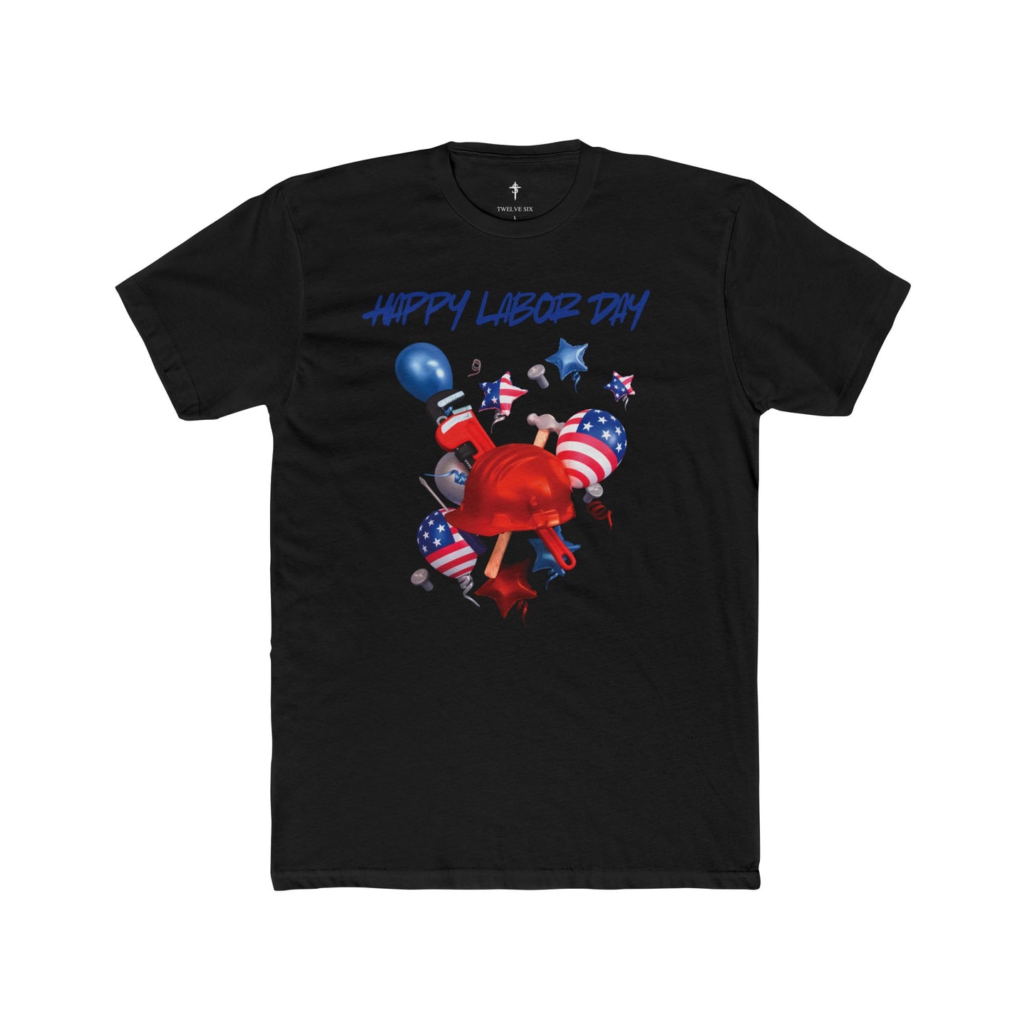 Labor Day Graphic Tee – “Happy Labor Day” Patriotic Helmet & Balloon Design