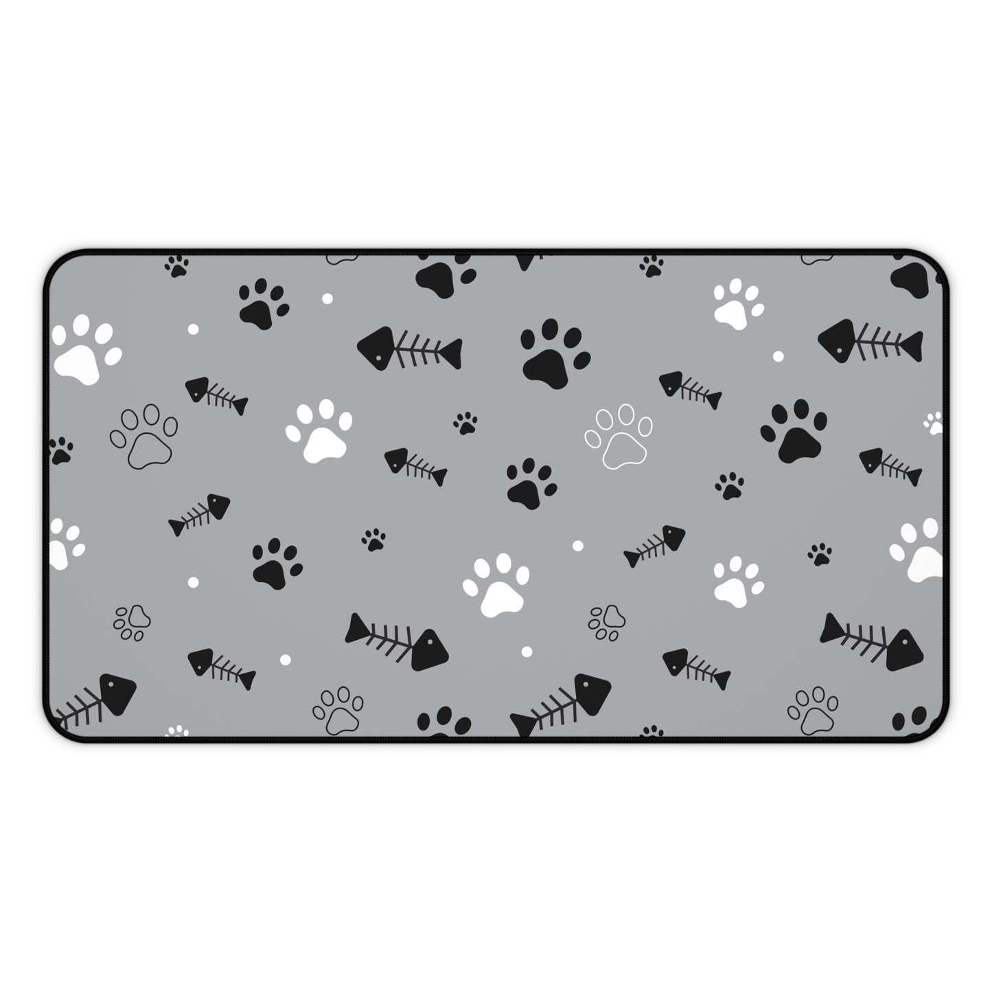 Gray Paw Print Desk Mat — Cute Cat Paw & Fishbone Mousepad for Pet Lovers