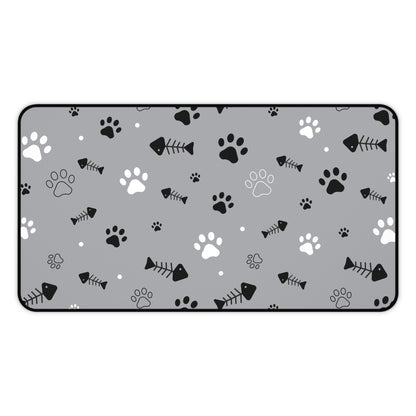 Gray Paw Print Desk Mat — Cute Cat Paw & Fishbone Mousepad for Pet Lovers
