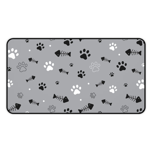 Gray Paw Print Desk Mat — Cute Cat Paw & Fishbone Mousepad for Pet Lovers